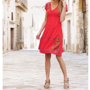 Johnny Was Red Floral Embroidered Dress
